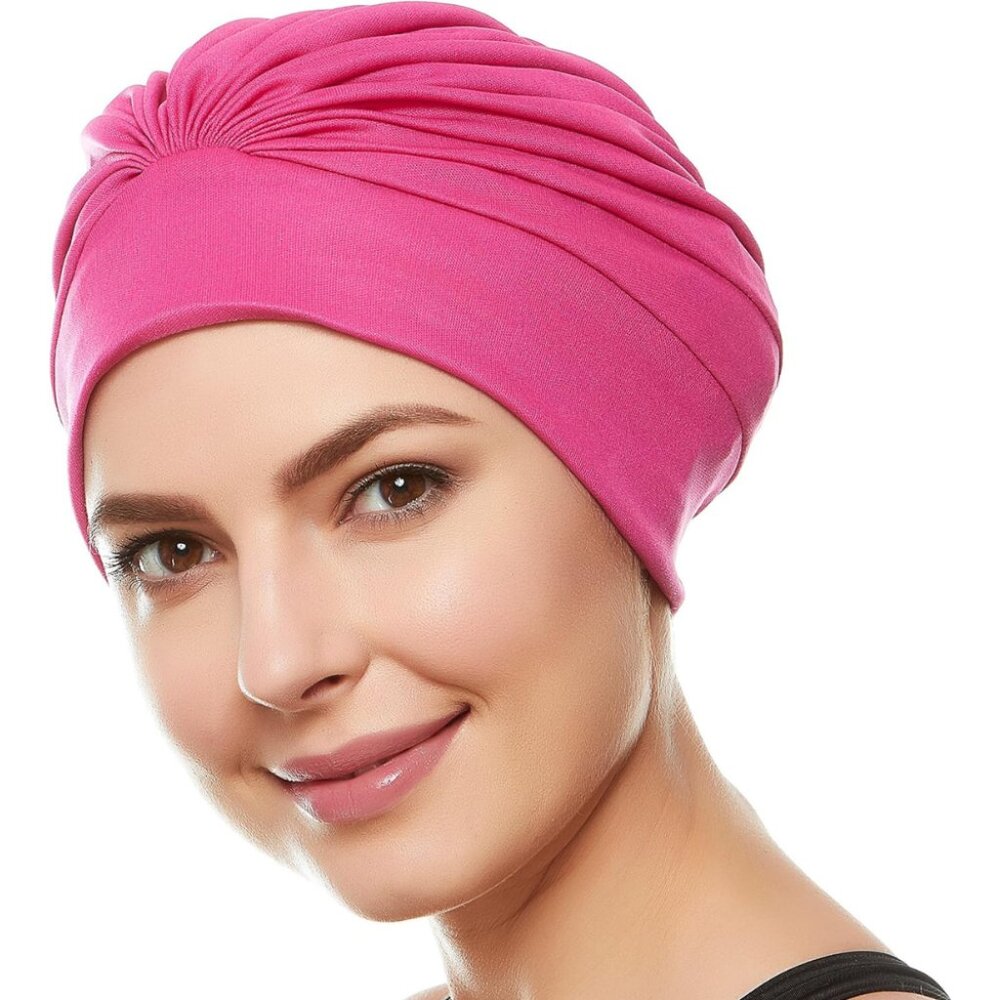 Beemo Swim Caps for Women Swimming Turban Polyester Latex Lined - Hot Pink